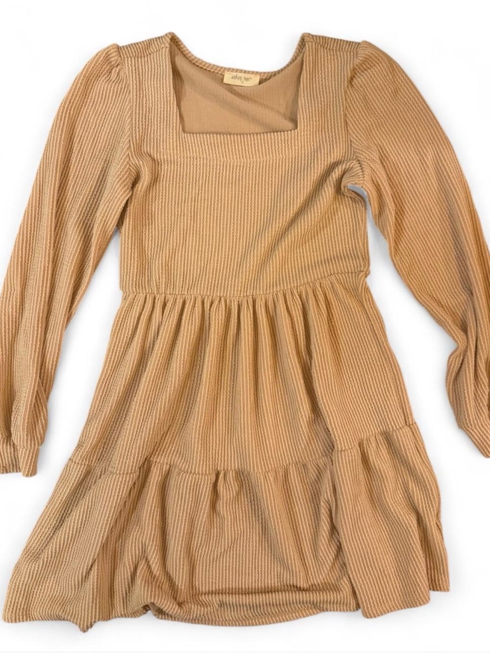 Long Sleeve Square Neck Tiered Dress - Tan